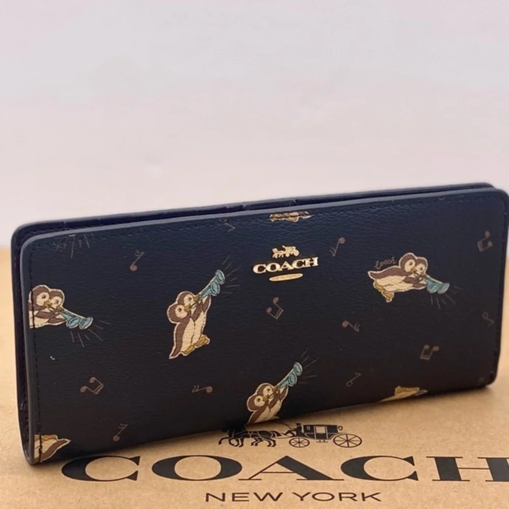Coach Slim Zip Wallet With Penguin Print Gold/Black Multi